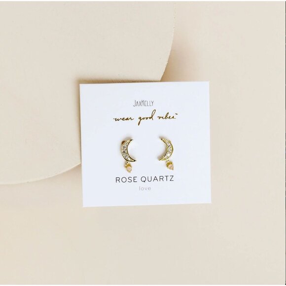NEW Jax Kelly Rose Quartz Gold Crescent Moon Gemstone Drop Earrings Love CZ - Picture 4 of 8